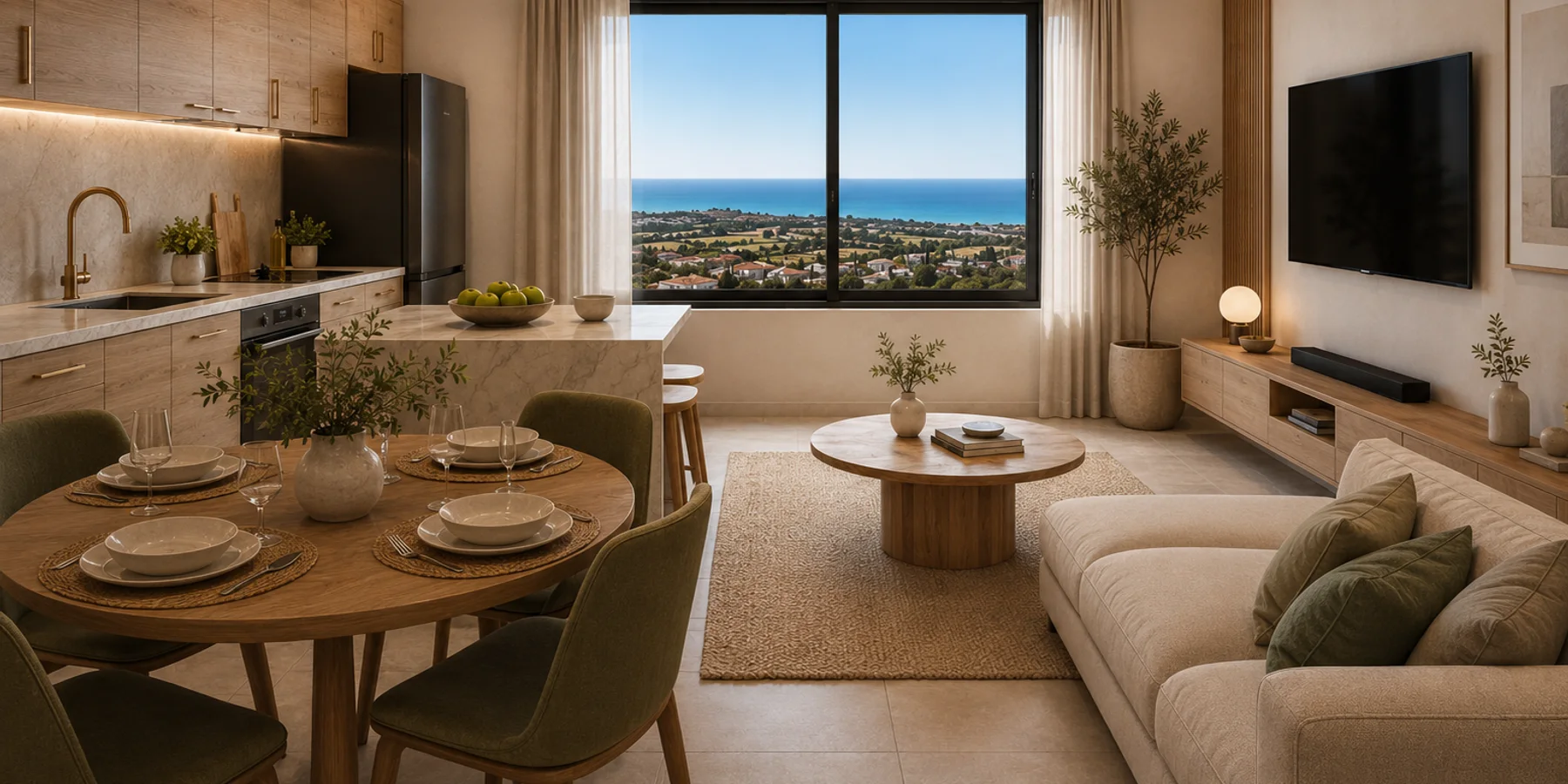 Mediterranean living room interior render for a Maroni Hills Residence apartment